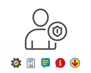 User Protection line icon. Profile Avatar with shield sign. Person silhouette symbol. Report, Service and Information line signs. Download, Speech bubble icons. Editable stroke. Vector