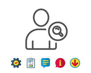 Search User line icon. Profile Avatar with Magnifying glass sign. Person silhouette symbol. Report, Service and Information line signs. Download, Speech bubble icons. Editable stroke. Vector