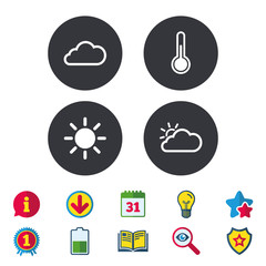 Weather icons. Cloud and sun signs. Thermometer temperature symbol. Calendar, Information and Download signs. Stars, Award and Book icons. Light bulb, Shield and Search. Vector