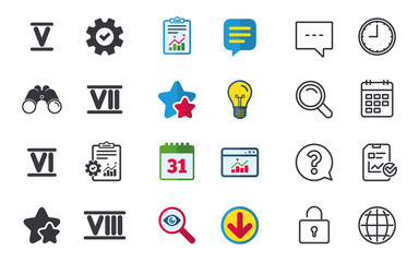 Roman numeral icons. 5, 6, 7 and 8 digit characters. Ancient Rome numeric system. Chat, Report and Calendar signs. Stars, Statistics and Download icons. Question, Clock and Globe. Vector