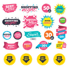 Sale shopping banners. Sale arrow tag icons. Discount special offer symbols. 10%, 20%, 30% and 40% percent off signs. Web badges, splash and stickers. Best offer. Vector