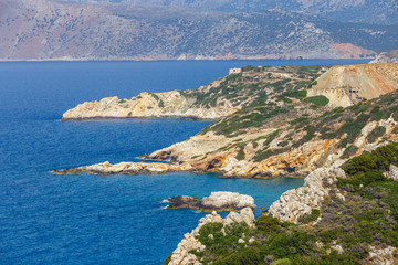 Fototapeta na wymiar Beautiful greek seascape at sunny day. Place of north Crete, east of Agios Nikolaos