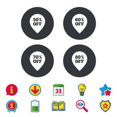 Sale pointer tag icons. Discount special offer symbols. 50%, 60%, 70% and 80% percent off signs. Calendar, Information and Download signs. Stars, Award and Book icons. Light bulb, Shield and Search