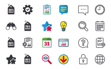Sale price tag icons. Discount special offer symbols. 50%, 60%, 70% and 80% percent sale signs. Chat, Report and Calendar signs. Stars, Statistics and Download icons. Question, Clock and Globe. Vector