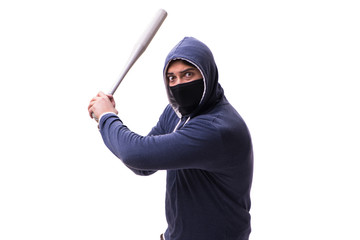 Young man hooligan with baseball bat isolated on white