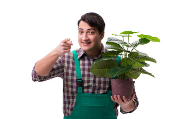 Young man gardener isolated on white