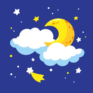 Cartoon crescent and clouds in the night sky. Vector illustration is suitable for greeting cards and prints on t-shirts.