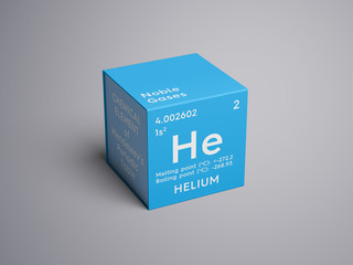 Helium. Noble gases. Chemical Element of Mendeleev's Periodic Table. Helium in square cube creative...