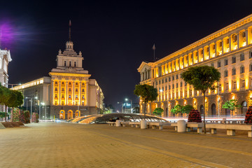 Fototapeta na wymiar SOFIA, BULGARIA - JUNE 30, 2017: Night photo of Buildings of Presidency and Former Communist Party House in Sofia, Bulgaria
