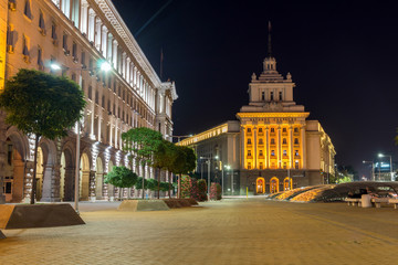 Fototapeta na wymiar SOFIA, BULGARIA - JUNE 30, 2017: Night photo of Buildings of Council of Ministers and Former Communist Party House in Sofia, Bulgaria