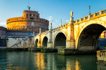 The Mausoleum of Hadrian, usually known as the Castle of the Holy Angel (Castel Sant Angelo) and Ponte Sant'Angelo bridge, a towering cylindrical building in Parco Adriano, Rome, Italy