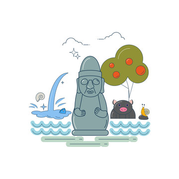 Line art styled vector illustration of a Jeju island symbols: stone Grandfather (dol hareubang), jeju black pig, snail, persimmon tree and waterfall. Great as travel poster, flyer, banner template.