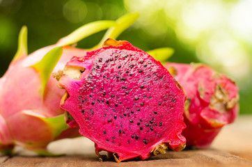 dragon fruit slice on wood table