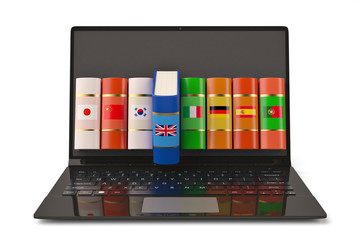 The laptop and books languages learn and translate education concept books in colors of national flags 3d illustration.
