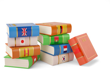 Foreign languages learn and translate education concept books with covers in colors of national 3d illustration.