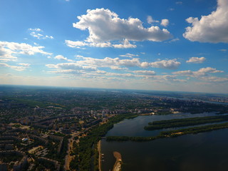 Aerial view. Houses and river in the city Dnepr, Ukraine.