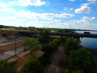 Aerial view. Bridge and river in the city Dnepr, Ukraine.