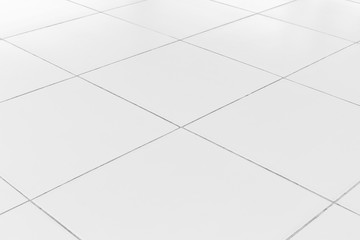 White tile floor background in perspective view. Clean, shiny, symmetry with grid line texture. For...