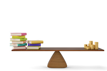 Gold coins and books on the seesaw.3D illustration