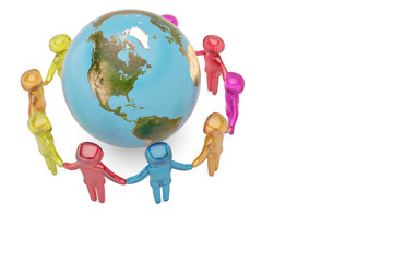 Human character holding hands around the globe world community concept high quality 3D illustration