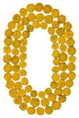 Arabic numeral 0, zero, from yellow flowers of tansy, isolated on white background