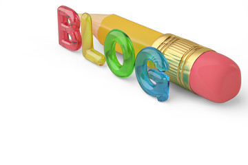A big pencil and color blog letters on white background 3d illustration.