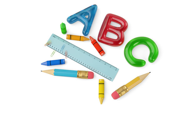 Two pencils and crayons and ruler and color ABC letters on white background 3d illustration.