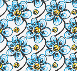 Floral seamless pattern. Hand drawn creative flowers. Colorful artistic background with blossom. Abstract herb