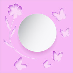 Flower and butterfly around the white circle, pink background