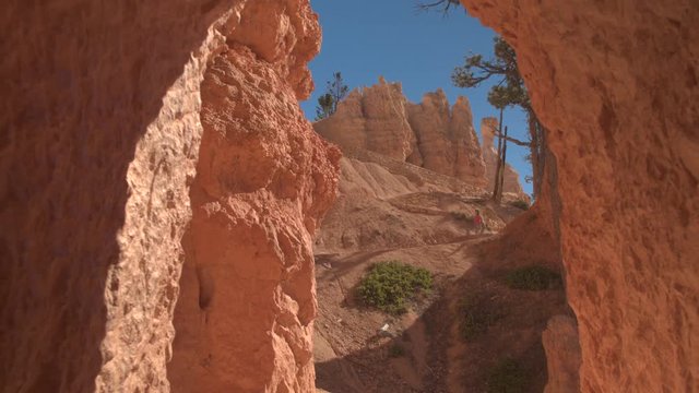 Woman hiker walking down the switchback path exploring amazing Bryce Canyon National Park in sunny Utah. Young woman tourist hiking zigzag trail in Bryce Canyon, visiting national parks and landmarks