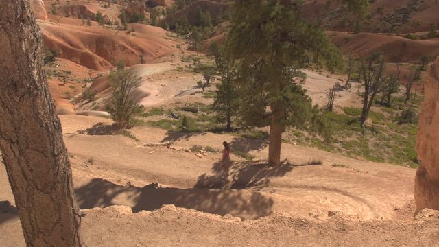 Unrecognizable woman hiker walking down the switchback path exploring majestic hoodoo formations in Bryce Canyon National Park in sunny Utah. Young woman tourist hiking zigzag trail in Bryce Canyon