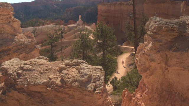 Unrecognizable woman hiker walking down the switchback path exploring majestic hoodoo formations in Bryce Canyon National Park in sunny Utah. Young woman tourist hiking zigzag trail in Bryce Canyon