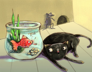 fish teasing cat whimsical artwork