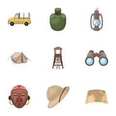 Rifle, mask, map of the territory, diamonds and other equipment. African safari set collection icons in cartoon style vector symbol stock illustration web. © pandavector