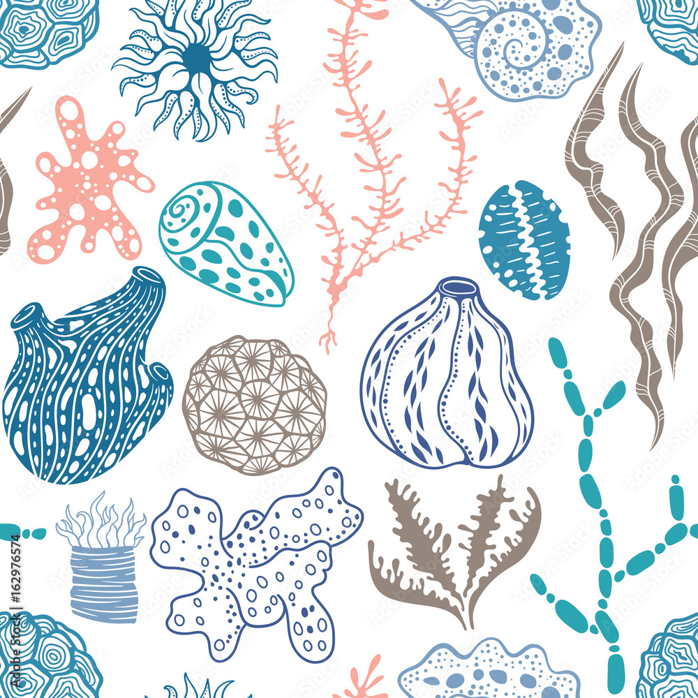 Poster vector seamless pattern with sea creations