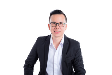 Young asian businessman smiling over white background