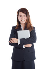 Beautiful asian businesswoman holding tablet computer over white