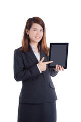 Beautiful asian businesswoman holding tablet computer over white