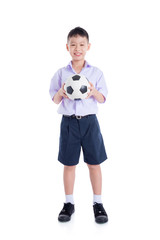 Young asian student with ball over white background