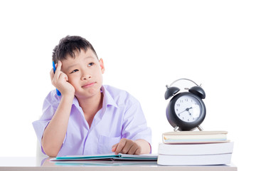 Young asian student thinking over white background