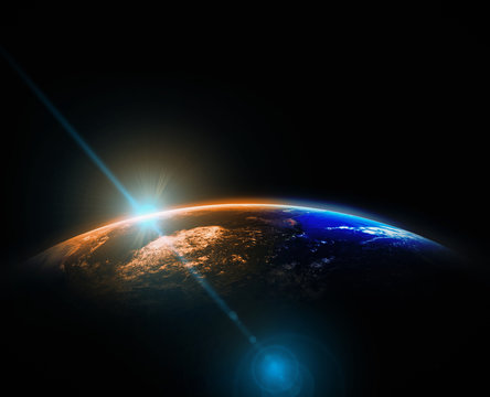 Part of earth with sun rise and lens flare background, Internet Network concept, Elements of this image furnished by NASA
