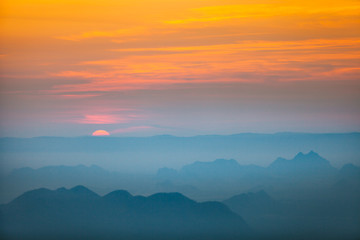 Morning light with mountain and mist view from Phu Kradueng, Thailand.