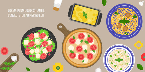 italian cuisine, caesar salad, margarita pizza, risotto rice, lasagna, bologna pasta, flat design vector in aerial view
