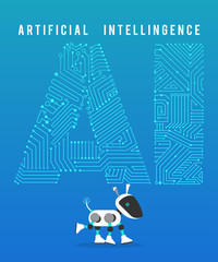 Robot and high-tech artificial intelligence on blue background.