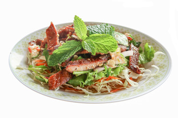 Sliced grilled beef salad, Thai food on white background