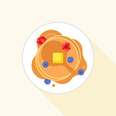 pancake icon it aerial view with maple syrup, butter, blueberry and raspberry, flat design with long shadow