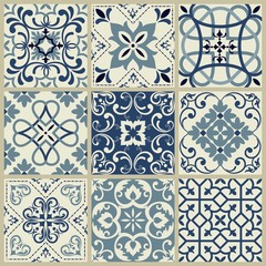 Seamless patchwork pattern from blue ornaments. Ceramic tiles. Set of mandalas.
