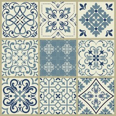 Seamless patchwork pattern from blue ornaments. Ceramic tiles. Set of mandalas.
