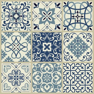 Seamless patchwork pattern from blue ornaments. Ceramic tiles. Set of mandalas.
