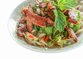 Sliced grilled beef salad, Thai food on white background